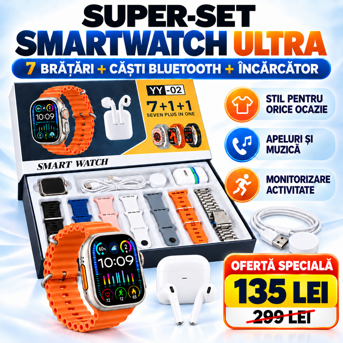 Super-Set SmartWatch ULTRA cu 7 Brățări Interschimbabile, Căști Bluetooth și Încărcător Wireless MagSafe