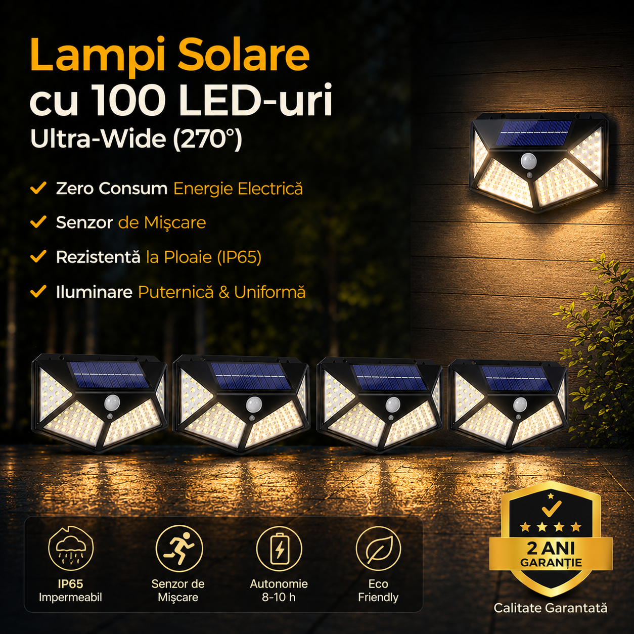 Lămpi Solare cu 100 LED-uri, 3 Moduri Iluminare, Senzor de Mișcare, Rezistență la Ploaie (IP65), Mod Automat Noapte, Unghi Mare de Iluminare 270 Grade