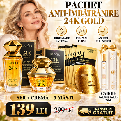 Set Îngrijire Ten 24K Golden Collagen - Cremă Anti-Rid, Ser cu Acid Hialuronic și 5 Măști Fagure Aurii + CADOU Parfum Arăbesc Farah (40ml+40ml+5x28ml+35ml)