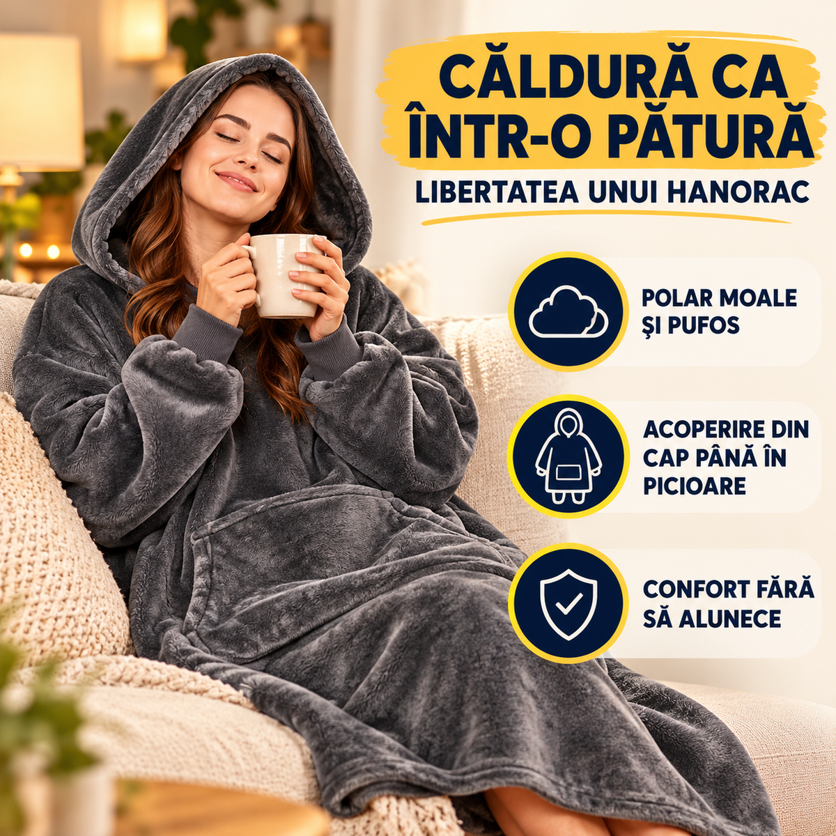Hanorac-Pătură cu Blăniță, foarte Pufos și Călduros, cu Glugă și Buzunare, pentru Bărbați și Femei, mărime Universală