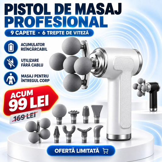 Pistol de Masaj Profesional cu 9 Capete Interschimbabile, Cap Special cu 5 Bile, 6 Trepte de Viteză și Acumulator Reîncărcabil