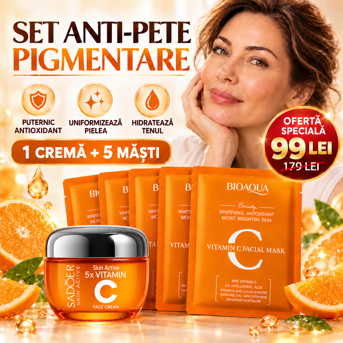 Pachet Anti-Pete Pigmentare: Cremă 5X Vitamina C, Albire și Revitalizare, 50g + Set 5 Măști cu Vitamina C