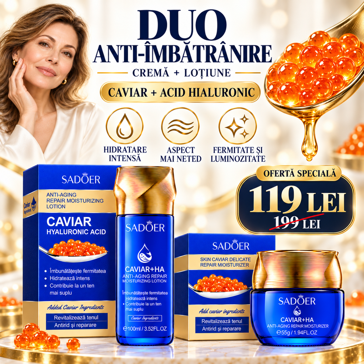 Pachet Îngrijire Ten: Cremă Antirid 55g cu Caviar și Acid Hialuronic + Loțiune Hidratantă 100ml cu Caviar și Acid Hialuronic, DUO Anti-Îmbătrânire, Anti-Riduri, Redă Fermitate și Aspectul Tânăr al Tenului