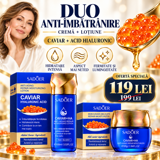 Pachet Îngrijire Ten: Cremă Antirid 55g cu Caviar și Acid Hialuronic + Loțiune Hidratantă 100ml cu Caviar și Acid Hialuronic, DUO Anti-Îmbătrânire, Anti-Riduri, Redă Fermitate și Aspectul Tânăr al Tenului