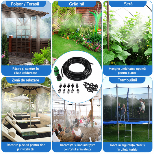 Kit Răcire cu Pulverizare Apă sub Formă de Vapori (Ceață), ideal pentru Terasă, Grădină, Balcon sau Plante / Animale - Scade Temperatura cu 10 Grade