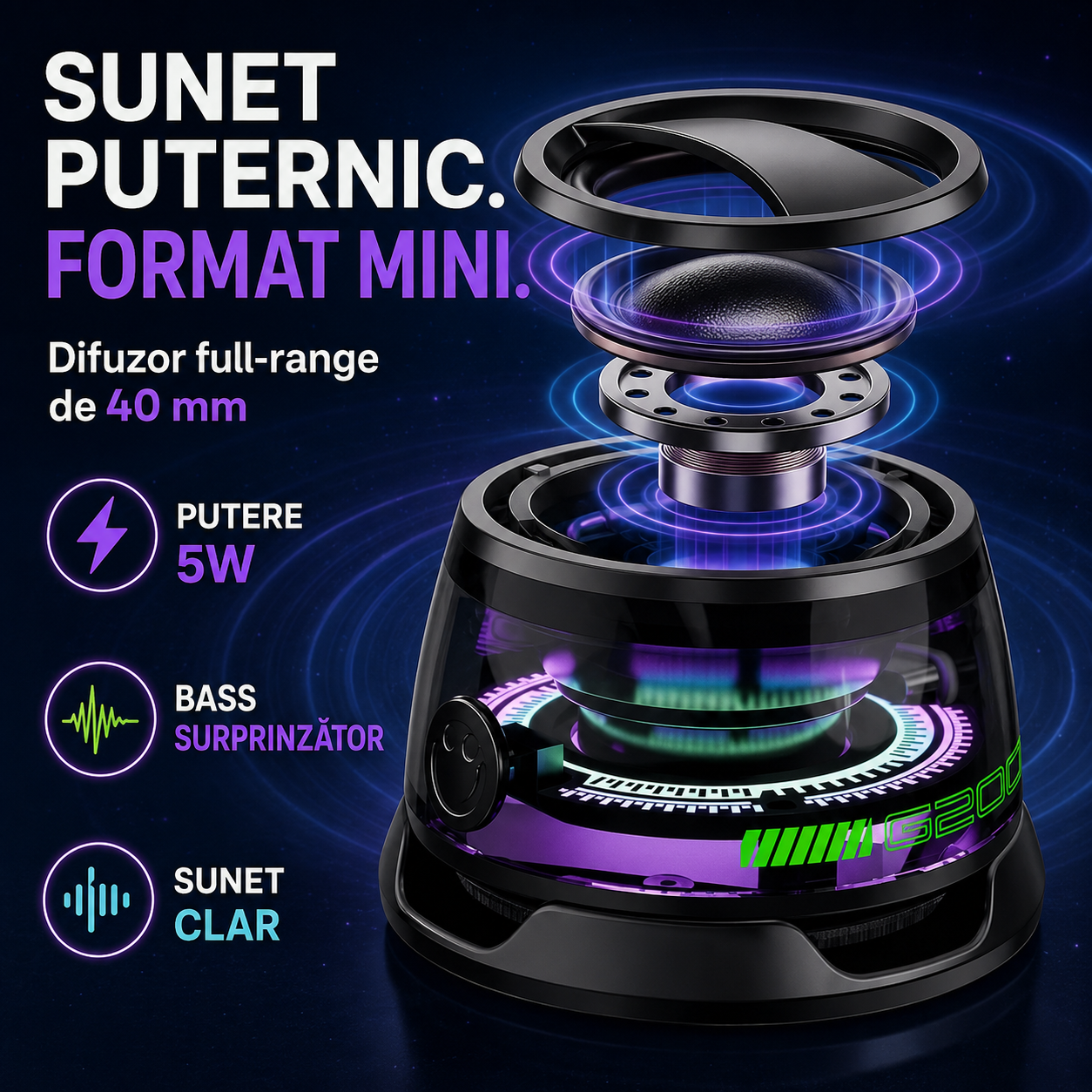 1+1 Gratis | Boxă Portabilă Bluetooth, Prindere Magnetică, Funcție Suport Telefon, Joc de Lumini, Sunet Clar și Puternic (5W), Bass Bun, Rezistentă la Apă, Autonomie Mare (6-8 ore)