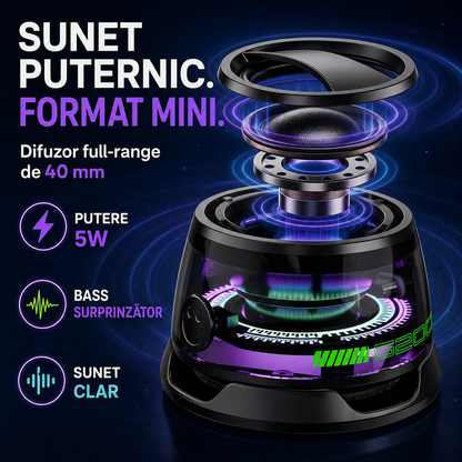 1+1 Gratis | Boxă Portabilă Bluetooth, Prindere Magnetică, Funcție Suport Telefon, Joc de Lumini, Sunet Clar și Puternic (5W), Bass Bun, Rezistentă la Apă, Autonomie Mare (6-8 ore)