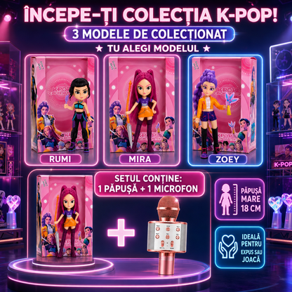Set K-POP: Păpușă K-Pop Demon Hunters 18cm, cu Accesorii și Cutie Cadou + Microfon Wireless cu Boxă pentru Karaoke (Bluetooth si Radio)