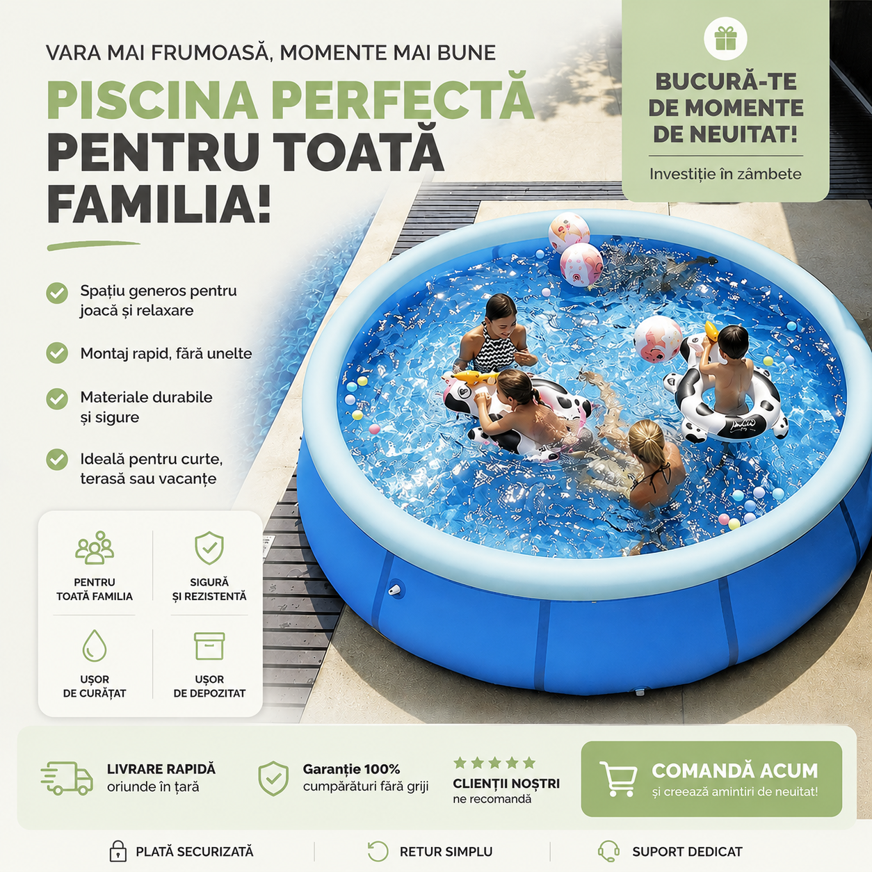 Piscină Gonflabilă, Dimensiune 244x61cm, Capacitate 2000 Litri, foarte Spațioasă, Rezistentă, Kit Reparații Inclus