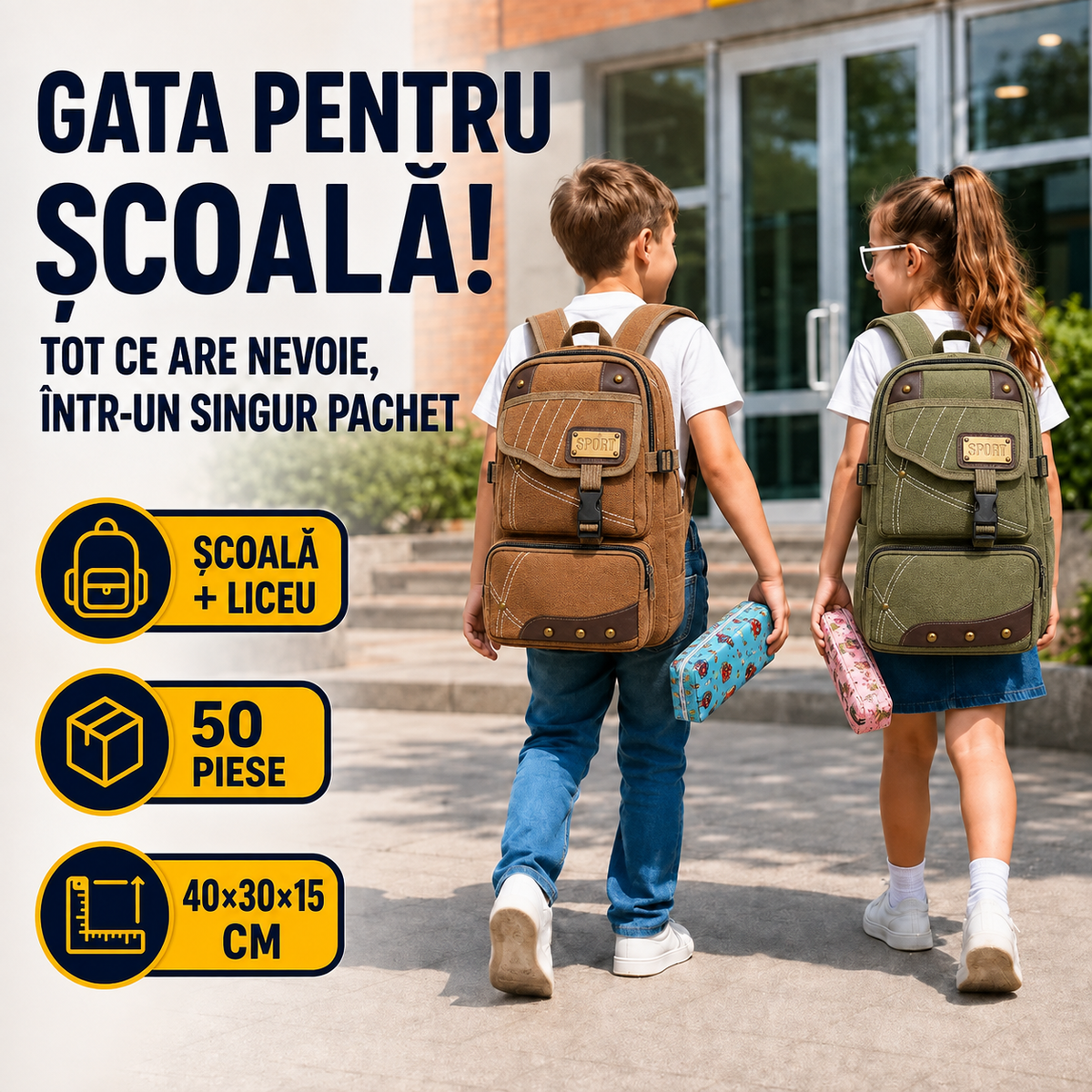 Ghiozdan Școlar Mare (40×30×15cm), Echipat Complet cu 50 Piese, Ghiozdan + Penar + Rechizite, D6M2