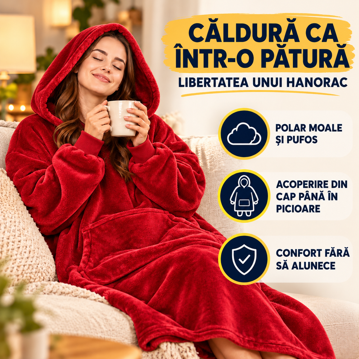 Hanorac-Pătură cu Blăniță, foarte Pufos și Călduros, cu Glugă și Buzunare, pentru Bărbați și Femei, mărime Universală, Roșu sau Roz