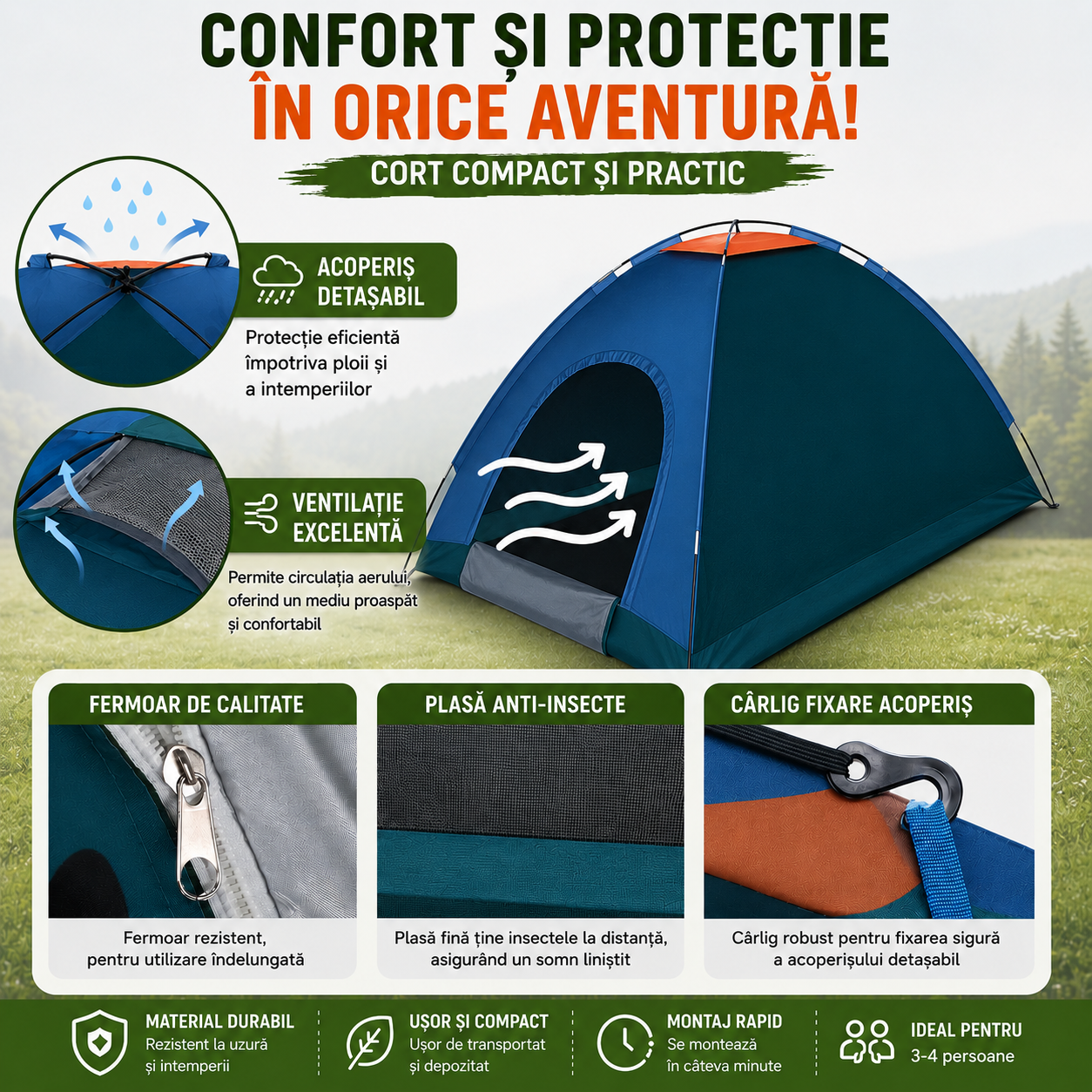 Cort Camping pentru 3-4 Persoane (Dimensiuni 200x200x135cm), Foarte Solid și Rezistent la Intemperii, Impermeabil, Protecție UV, Plasă Anti-Insecte, Geantă Transport