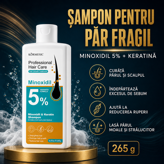 Pachet pentru Creșterea Părului și Anti-Cădere: Șampon cu Minoxidil 5% și Keratină, 265g + Set pentru Scalp cu Minoxidil 5% + Biotin, 30ml