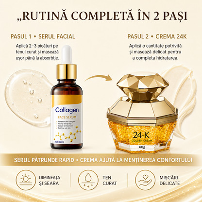 Pachet Îngrijire Ten: Cremă 24K Golden Collagen + Ser Facial Collagen, DUO Anti-Îmbătrânire, Anti-Riduri, Redare Aspect Tânăr și Fermitatea Tenului