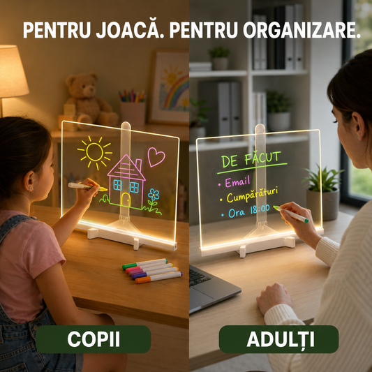 1+1 GRATIS | Set Tăbliță LED cu Suport pentru Desenat sau Scris Mesaje, Reutilizabilă, cu 7 Carioci și Lavete pentru Șters, ideală pentru Copii (Desenat, Scris, Pictat) sau pentru Adulți (Notițe, Memo, Mesaje), Dimensiune 30x20cm, Alimentare USB