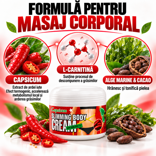 Cremă Remodelare Corporală, Ajută la SLĂBIRE, ANTI-CELULITĂ și TONIFIERE, cu Ardei Iute, L-Carnitina și Extracte de Alge Marine și Cacao, 230ml