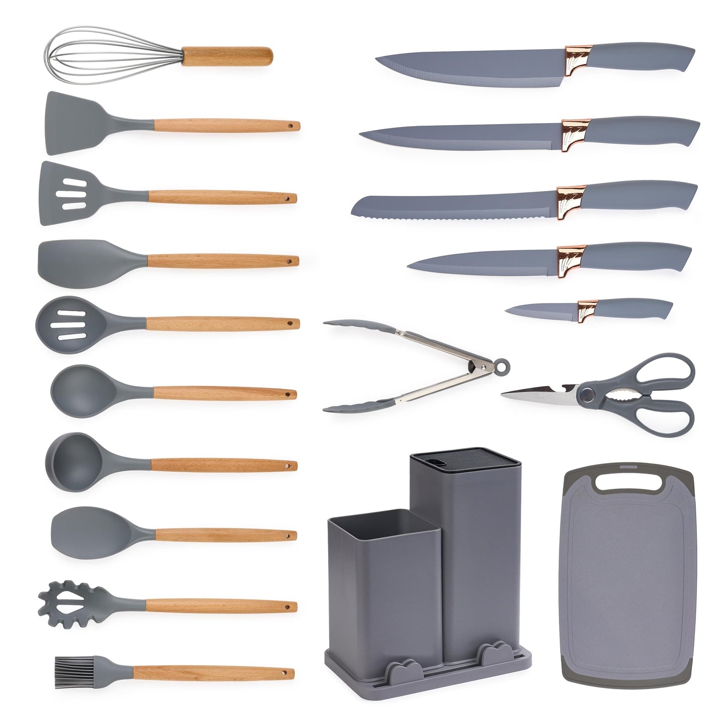 Set 19 Piese Ustensile Bucătărie, din Silicon Alimentar si Lemn, Termorezistente, Include 11 Ustensile, 5 Cuțite, 1 Tocător, 1 Foarfecă și Suport