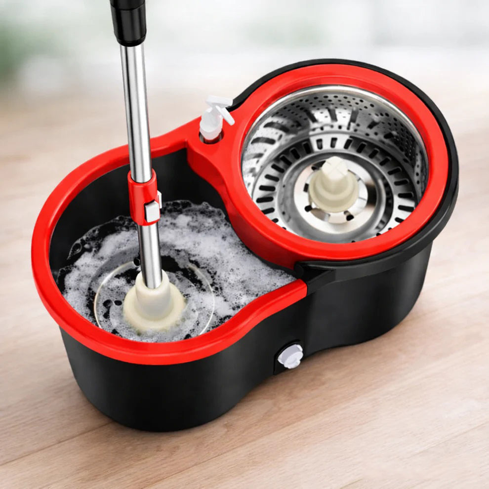 Set Mop Rotativ 360° cu Găleată Dublă de 8 Litri, Mâner Inox Telescopic, 5 Rezerve Microfibră Incluse