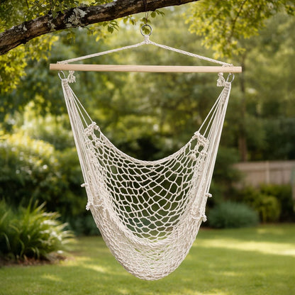 Leagăn Suspendabil tip Hamac cu Scaun foarte Confortabil, Dimensiune 100x120cm, foarte Rezistent (120Kg), din Bumbac și Țesătură Macrame