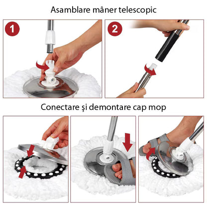 Set Mop Rotativ 360° cu Găleată Dublă de 8 Litri, Mâner Inox Telescopic, 5 Rezerve Microfibră Incluse