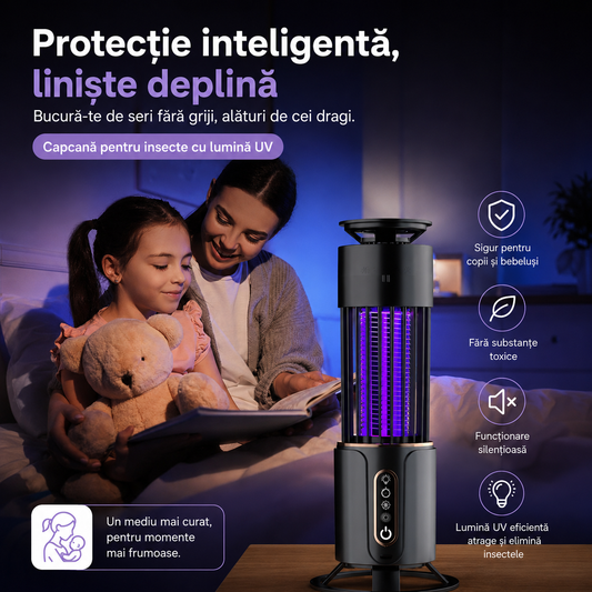 Model 1 | Lampă Anti-Țânțari 2 în 1 cu Lumină UV si Plasă Electrică de Înaltă Tensiune, Temporizare 3 Trepte, Portabilă, Silențioasă, Acoperire 360°