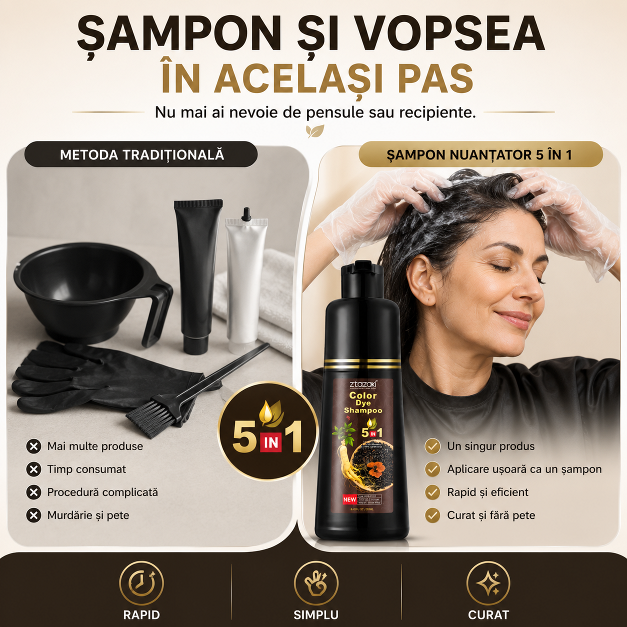 Șampon Nuanțator 5-în-1, cu Plante Naturale, Colorează, Îngrijește și Hrănește Părul, Acoperă Efiecient Firele Albe, ideal pentru Femei și Bărbați, 250ml