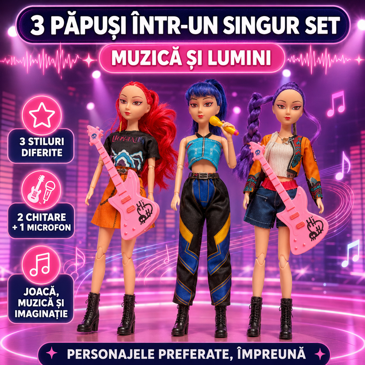 Set K-POP: Set 3 Păpuși K-Pop Demon Hunters 28cm, cu Muzică și Lumini, Accesorii și Cutie Cadou + Microfon Wireless cu Boxă pentru Karaoke (Bluetooth si Radio)