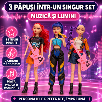 Set K-POP: Set 3 Păpuși K-Pop Demon Hunters 28cm, cu Muzică și Lumini, Accesorii și Cutie Cadou + Microfon Wireless cu Boxă pentru Karaoke (Bluetooth si Radio)