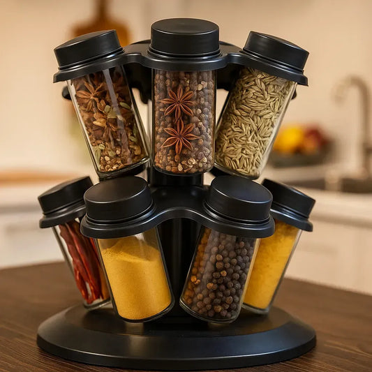 Organizator Condimente cu 12 Borcane și Suport Rotativ la 360°