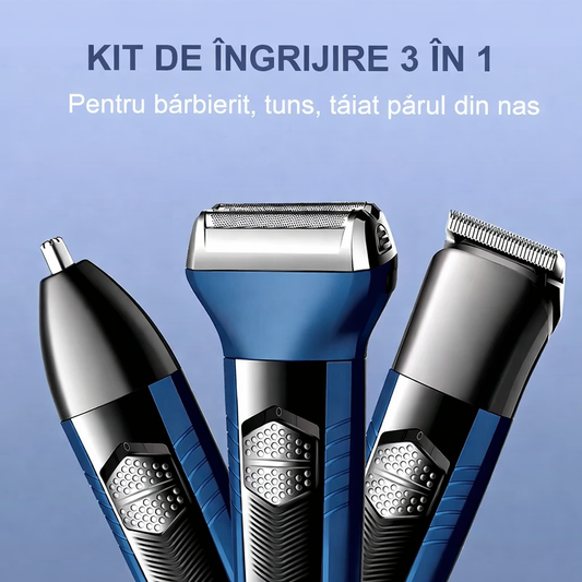 Kit de Îngrijire Personală 3-în-1 (Tuns, Ras și Trimmer Nas/Urechi) cu Acumulator, Lame din Oțel Inoxidabil, Lungime Ajustabilă
