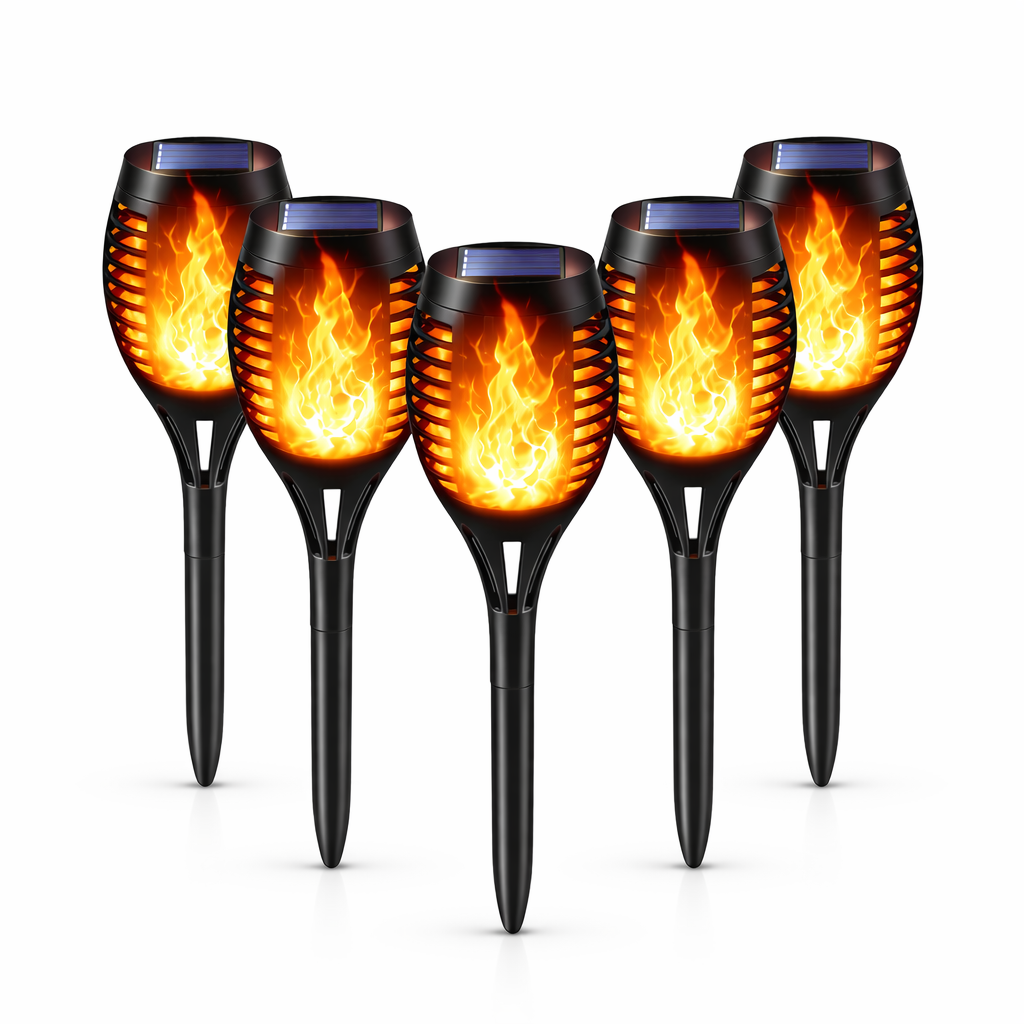 Set 8 Lămpi Solare pentru Grădină, cu Efect de Flacără (foarte Spectaculoase), Înălțime 51.5 cm, Rezistență la Ploaie (IP65), Mod Automat Noapte/Zi