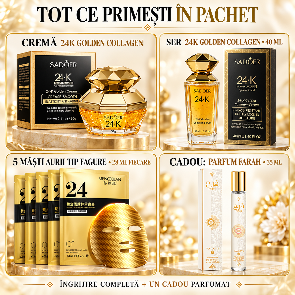 Set Îngrijire Ten 24K Golden Collagen - Cremă Anti-Rid, Ser cu Acid Hialuronic și 5 Măști Fagure Aurii + CADOU Parfum Arăbesc Farah (40ml+40ml+5x28ml+35ml)