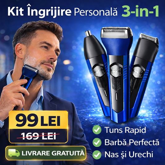 Kit de Îngrijire Personală 3-în-1 (Tuns, Ras și Trimmer Nas/Urechi) cu Acumulator, Lame din Oțel Inoxidabil, Lungime Ajustabilă