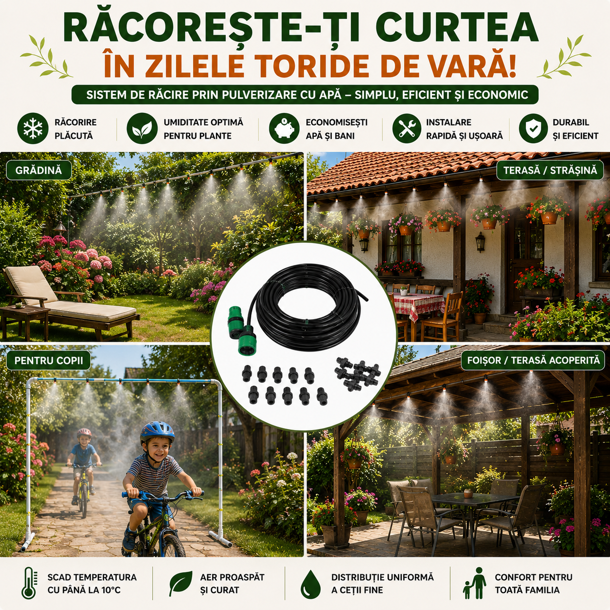 Kit Răcire cu Pulverizare Apă sub Formă de Vapori (Ceață), ideal pentru Terasă, Grădină, Balcon sau Plante / Animale - Scade Temperatura cu 10 Grade