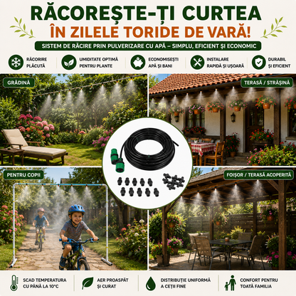 Kit Răcire cu Pulverizare Apă sub Formă de Vapori (Ceață), ideal pentru Terasă, Grădină, Balcon sau Plante / Animale - Scade Temperatura cu 10 Grade