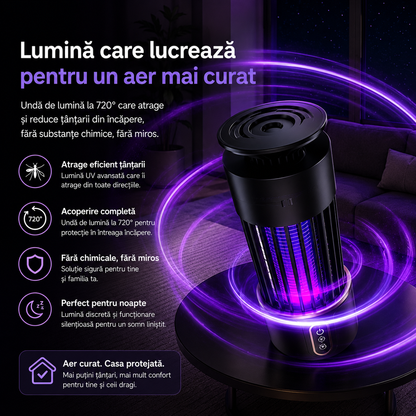 Model 1 | Lampă Anti-Țânțari 2 în 1 cu Lumină UV si Plasă Electrică de Înaltă Tensiune, Temporizare 3 Trepte, Portabilă, Silențioasă, Acoperire 360°