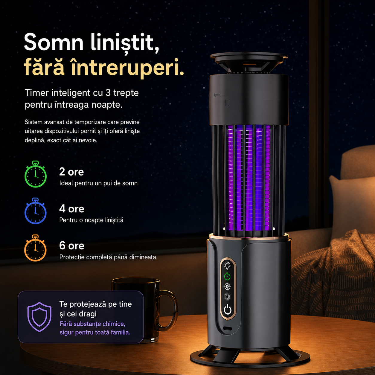 Model 1 | Lampă Anti-Țânțari 2 în 1 cu Lumină UV si Plasă Electrică de Înaltă Tensiune, Temporizare 3 Trepte, Portabilă, Silențioasă, Acoperire 360°