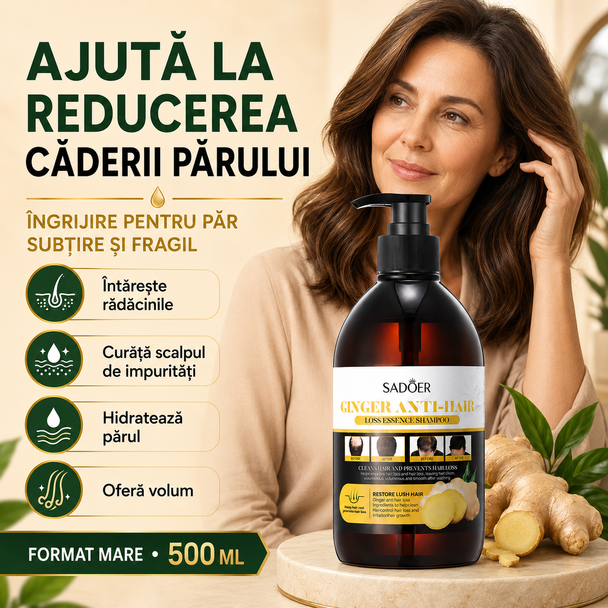 Pachet Îngrijire Păr: Șampon Nuanțator 3-în-1, cu Ulei de Cocos, 500ml + Șampon Esență Anti-Cădere și Refacere Păr, cu Ghimbir, 500ml