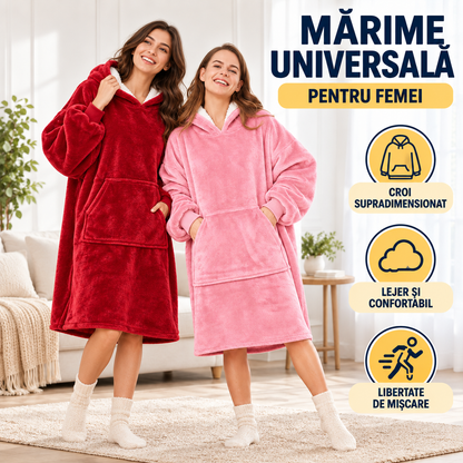 Hanorac-Pătură cu Blăniță, foarte Pufos și Călduros, cu Glugă și Buzunare, pentru Bărbați și Femei, mărime Universală, Roșu sau Roz