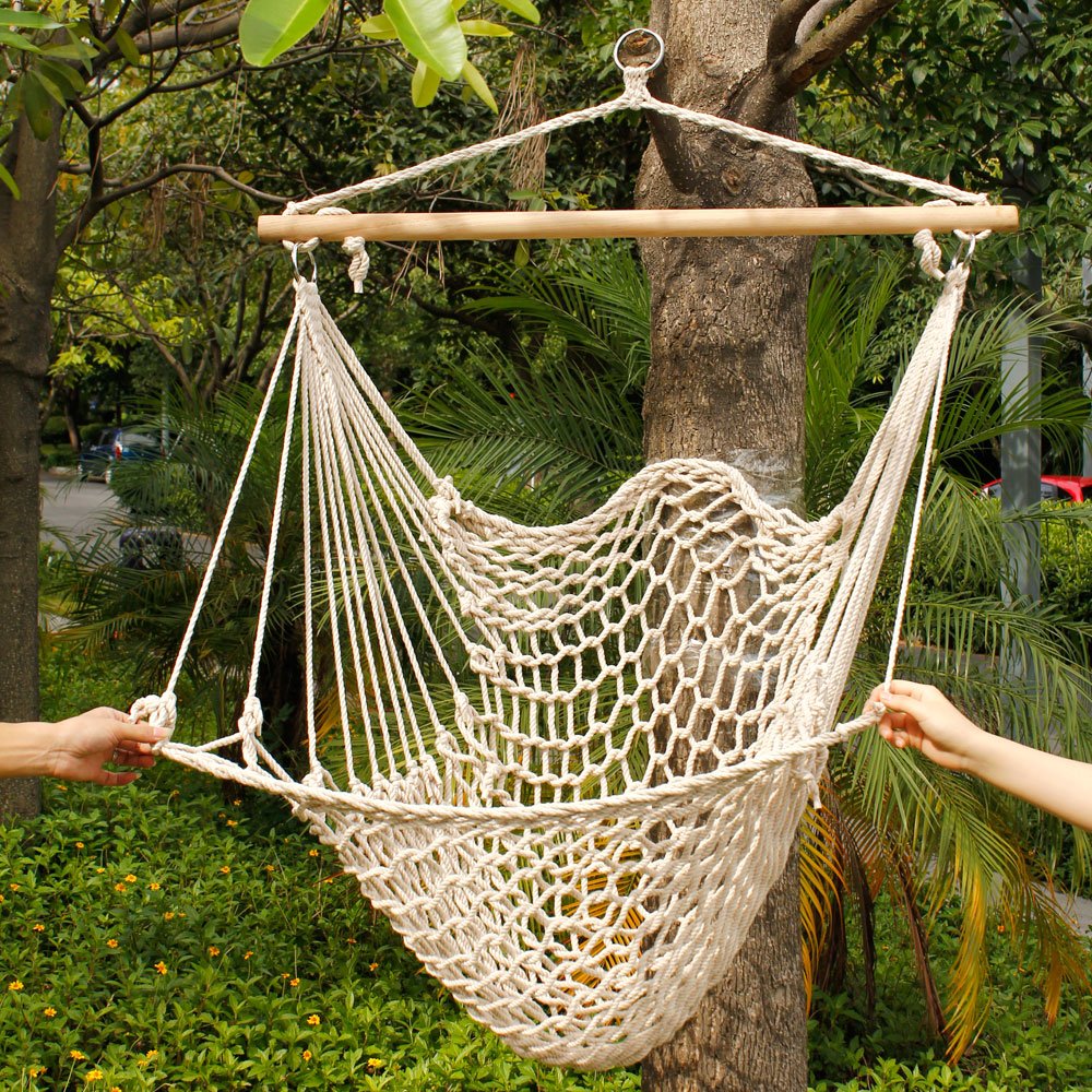 Leagăn Suspendabil tip Hamac cu Scaun foarte Confortabil, Dimensiune 100x120cm, foarte Rezistent (120Kg), din Bumbac și Țesătură Macrame