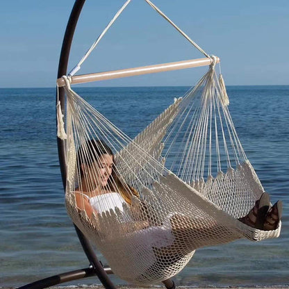 Leagăn Suspendabil tip Hamac cu Scaun foarte Confortabil, Dimensiune 100x120cm, foarte Rezistent (120Kg), din Bumbac și Țesătură Macrame