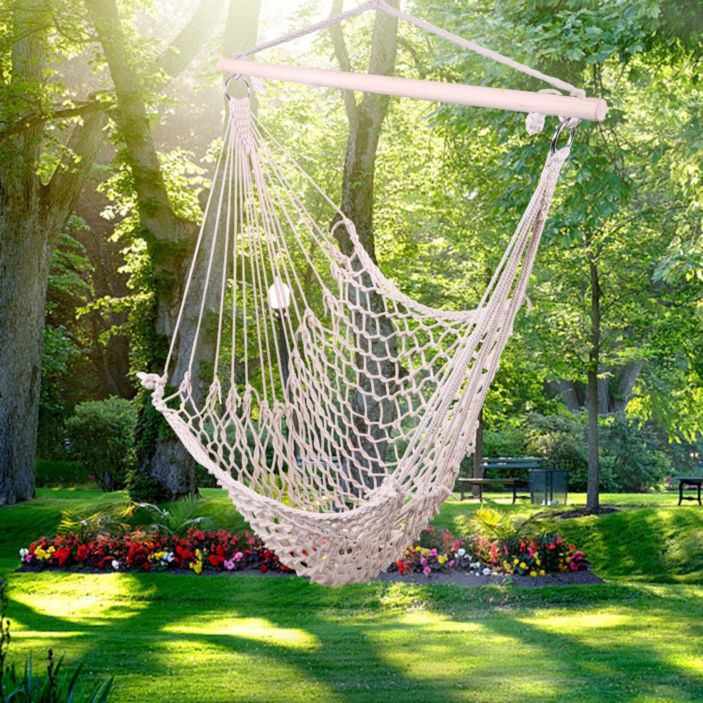 Leagăn Suspendabil tip Hamac cu Scaun foarte Confortabil, Dimensiune 100x120cm, foarte Rezistent (120Kg), din Bumbac și Țesătură Macrame