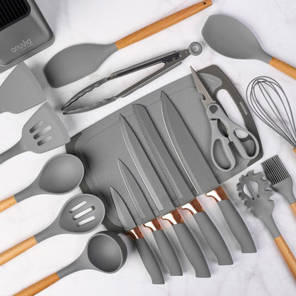 Set 19 Piese Ustensile Bucătărie, din Silicon Alimentar si Lemn, Termorezistente, Include 11 Ustensile, 5 Cuțite, 1 Tocător, 1 Foarfecă și Suport