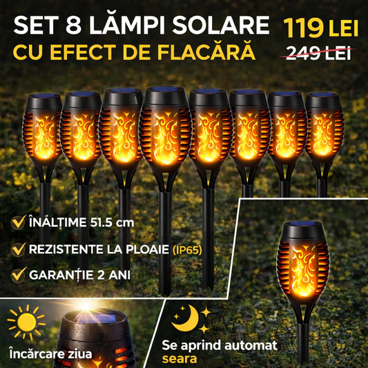Set 8 Lămpi Solare pentru Grădină, cu Efect de Flacără, Înălțime 51.5 cm, Rezistență la Ploaie (IP65), Mod Automat Noapte/Zi