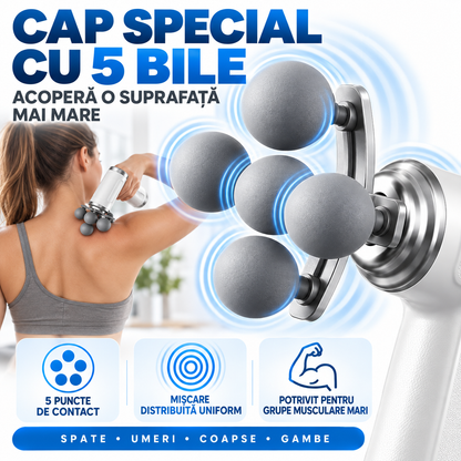 Pistol de Masaj Profesional cu 9 Capete Interschimbabile, Cap Special cu 5 Bile, 6 Trepte de Viteză și Acumulator Reîncărcabil