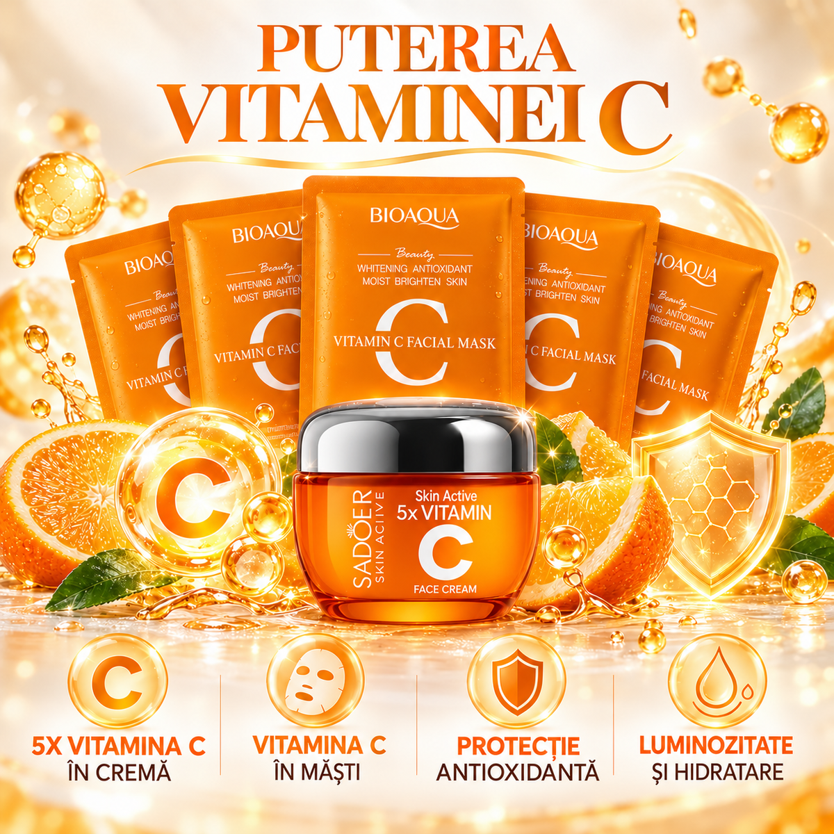 Pachet Anti-Pete Pigmentare: Cremă 5X Vitamina C, Albire și Revitalizare, 50g + Set 5 Măști cu Vitamina C