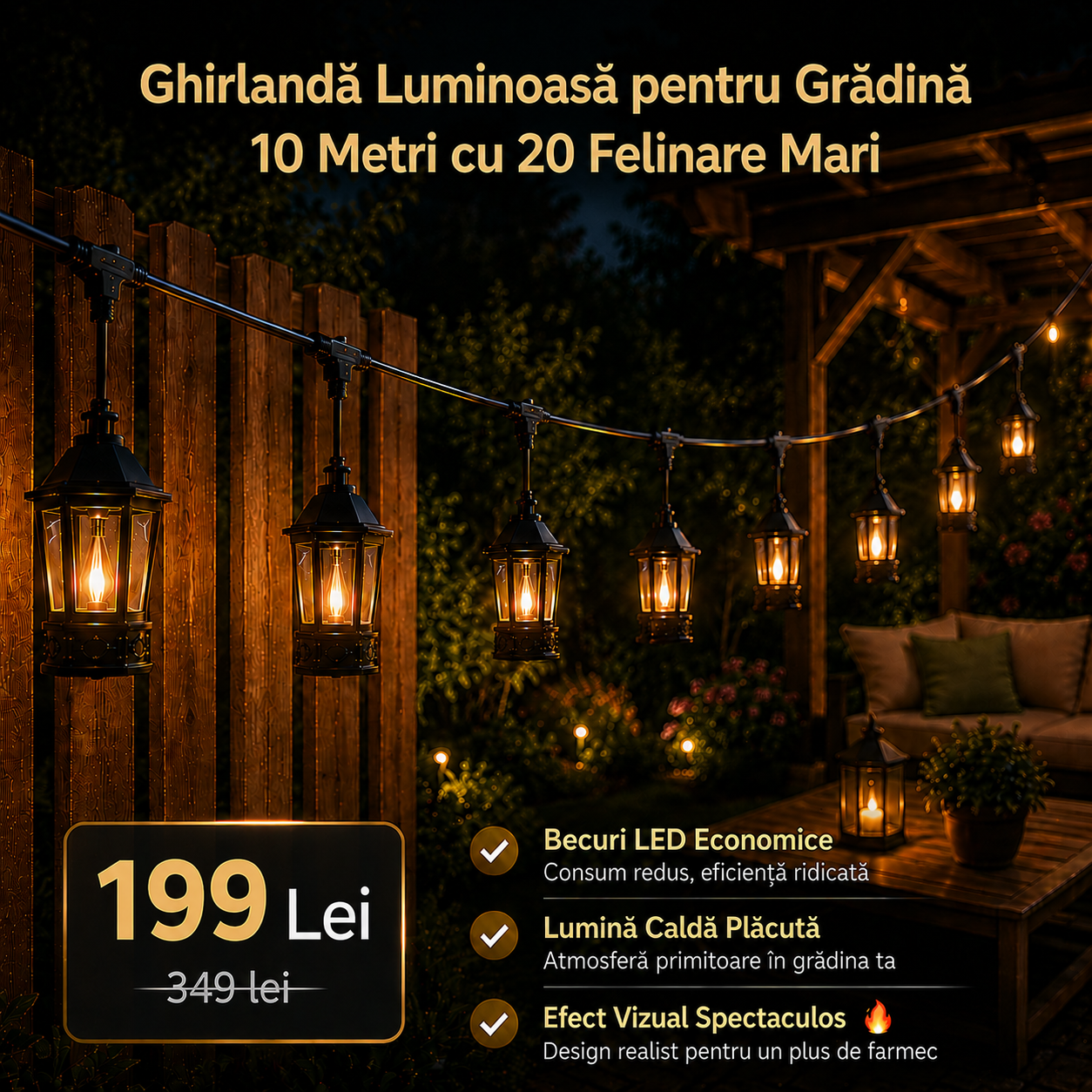 Ghirlandă Luminoasă pentru Grădină, Lumină Caldă tip Flacără, Efect Vizual Spectaculos, Lungime 10 Metri cu 20 becuri
