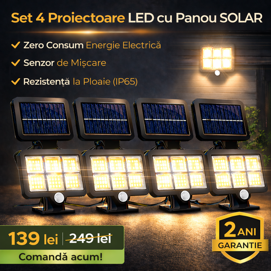 Set 4 Proiectoare LED cu Panou Solar, Senzor de Mișcare, Rezistență la Ploaie (IP65), Mod Automat Noapte/Zi