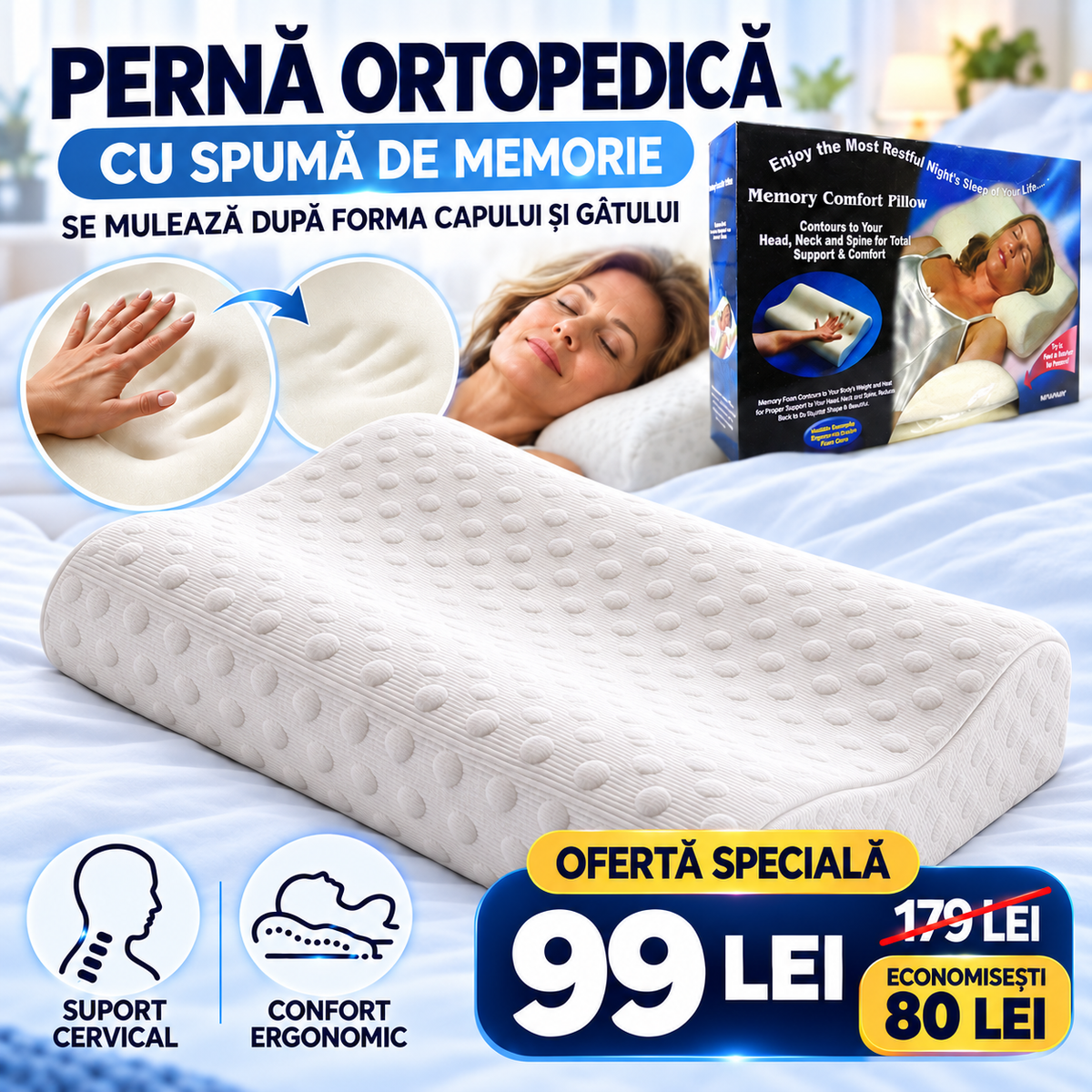 Pernă Ortopedică cu Spumă Memorie, Suport Ergonomic Gât, Umeri și Spate, Ideală pentru Orice Poziție de Somn, 50x29x10/7cm, Albă