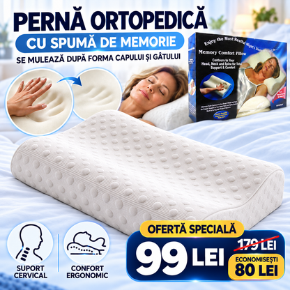 Pernă Ortopedică cu Spumă Memorie, Suport Ergonomic Gât, Umeri și Spate, Ideală pentru Orice Poziție de Somn, 50x29x10/7cm, Albă